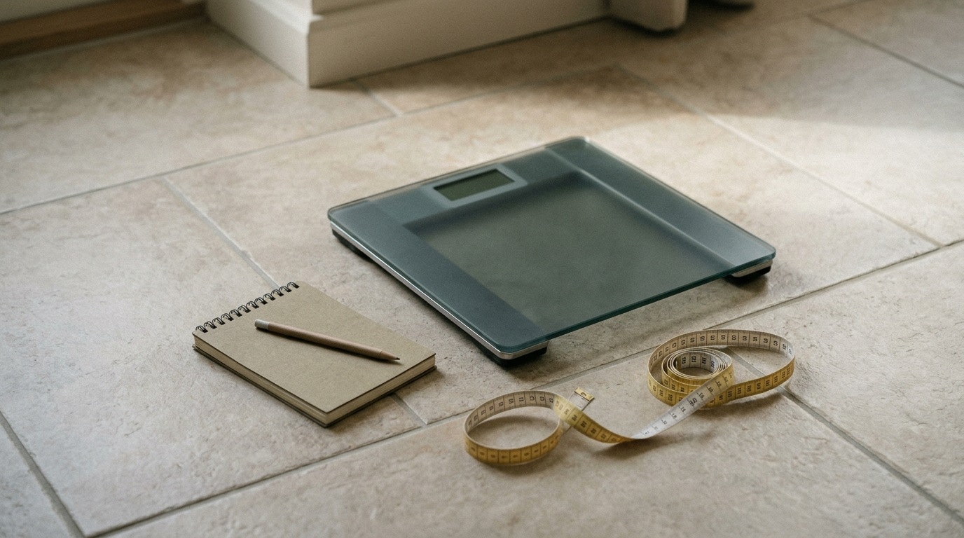 A bathroom scale beside a notebook and a measuring tape
