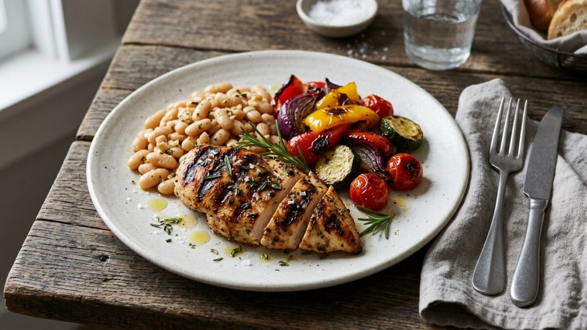 A plate with grilled chicken, beans and roasted vegetables
