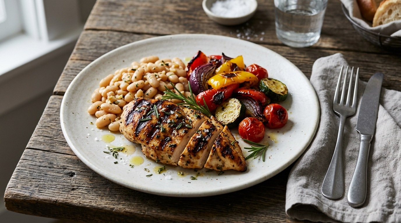 A plate with grilled chicken, beans and roasted vegetables