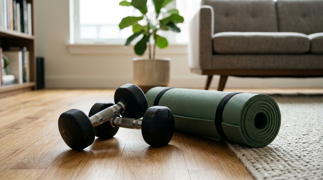 Dumbbells and a rolled exercise mat on a living room floor