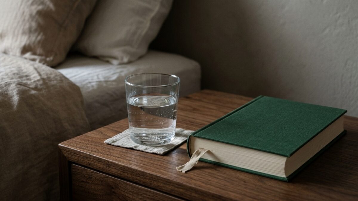 A glass of water and a closed book on a bedside table