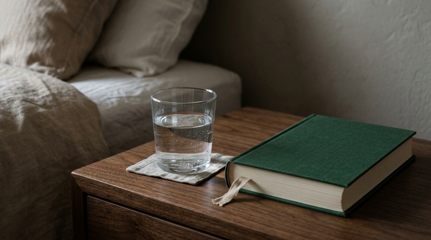 A glass of water and a closed book on a bedside table