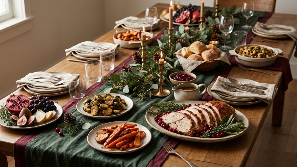 A holiday buffet with small plates of vegetables, turkey and fruit
